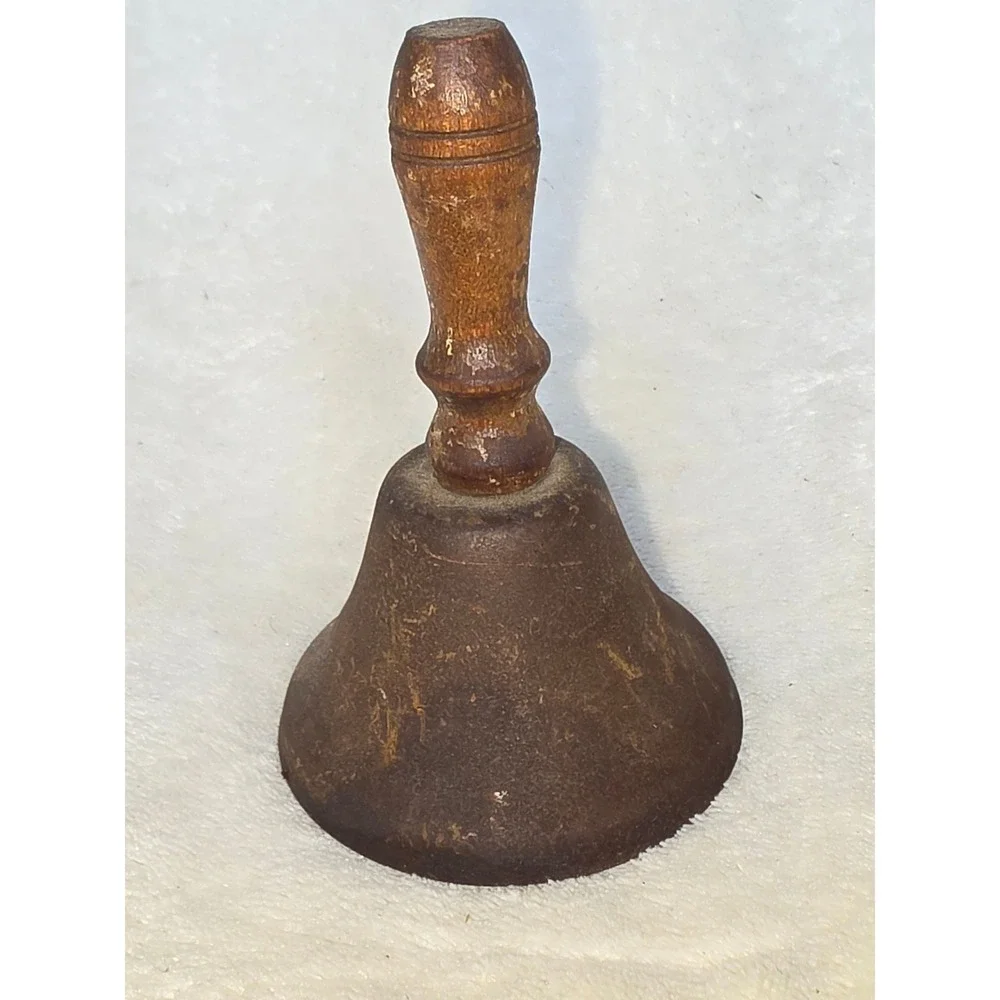 Vintage Antique Hand Bell Cast Iron Schoolhouse Dinner Bell Wood Handle Rustic